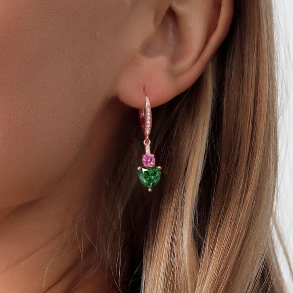 Pink And Colorless Moissanite 14k Rose Gold Over Silver  18K Rose Gold with 2.49 Cttw Emerald and Pink Moissanite Heart Drop Earrings